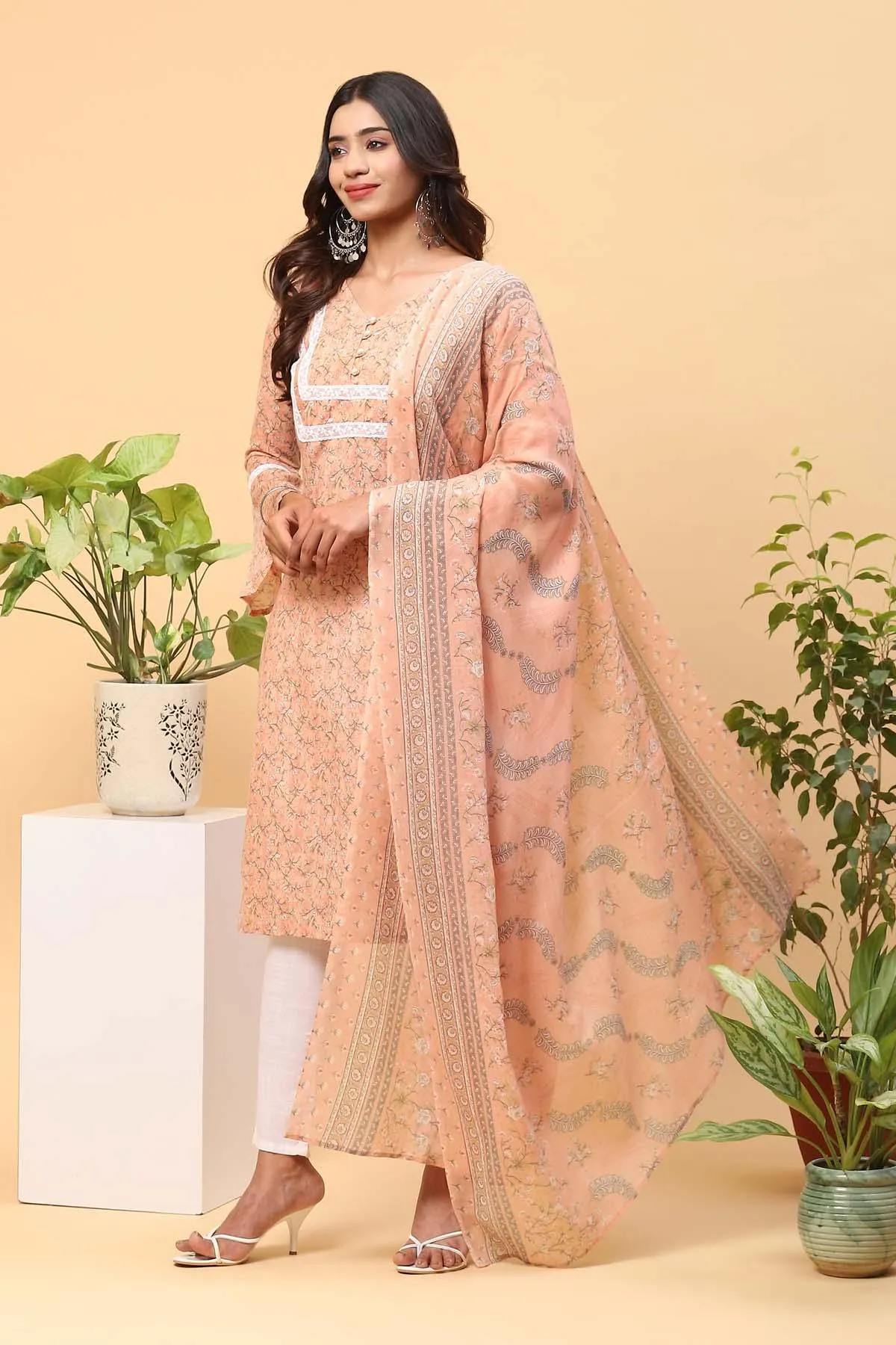 Pihu Coral Peach Digital Print Kurta Set