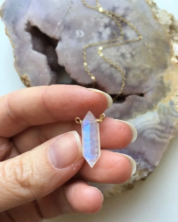 Rainbow Moonstone Crystal Point Healing Necklace