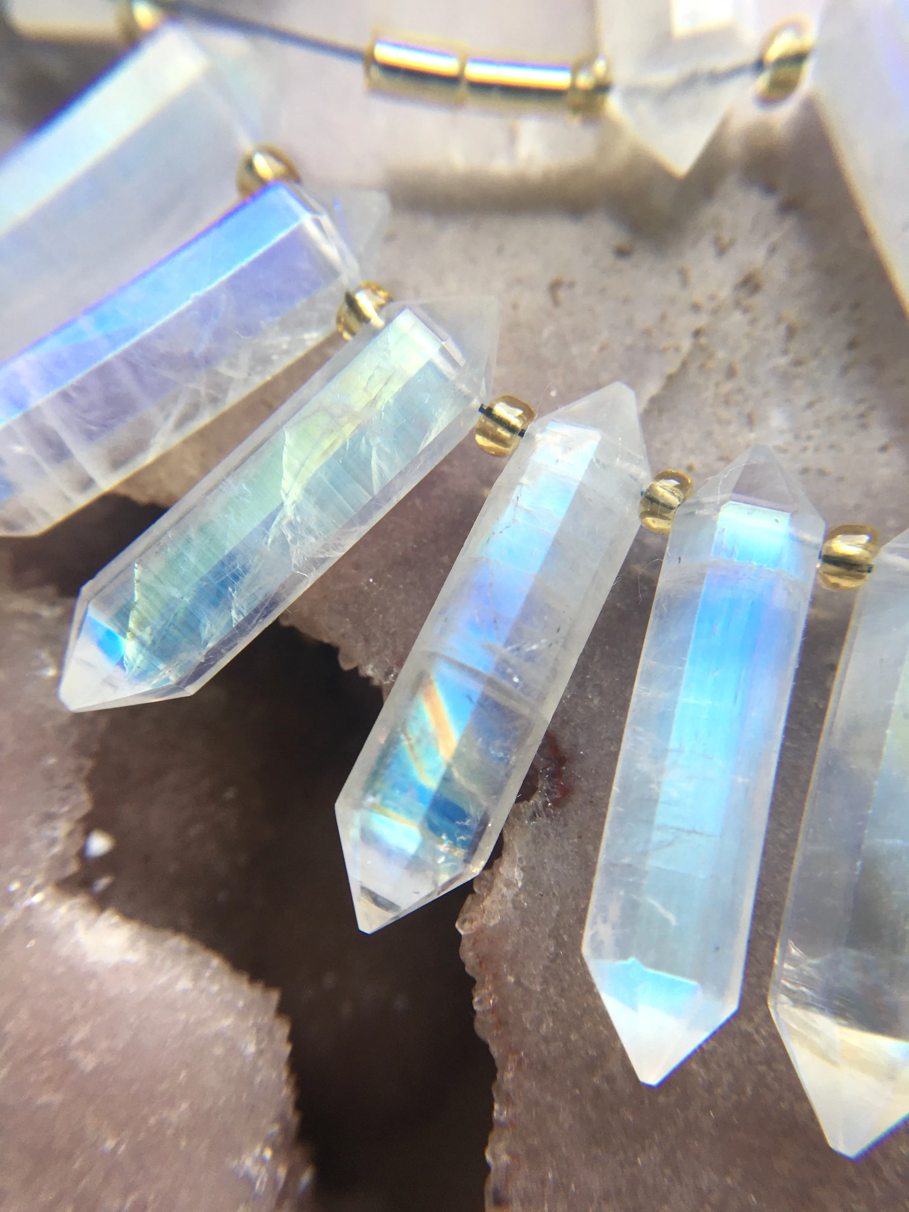 Rainbow Moonstone Crystal Point Healing Necklace