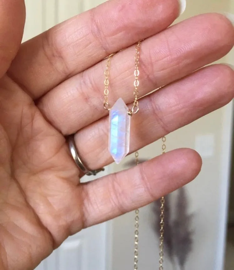 Rainbow Moonstone Crystal Point Healing Necklace