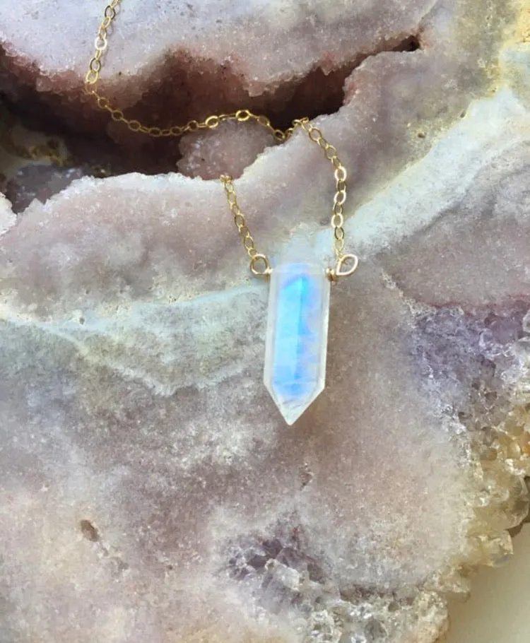 Rainbow Moonstone Crystal Point Healing Necklace