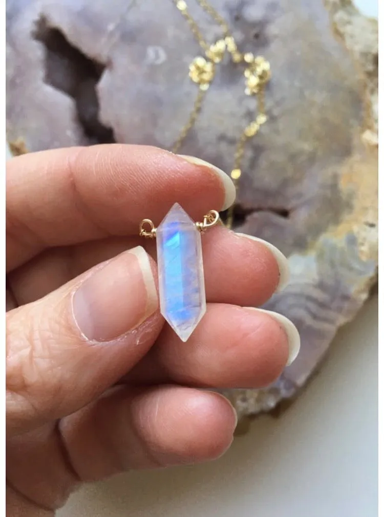 Rainbow Moonstone Crystal Point Healing Necklace