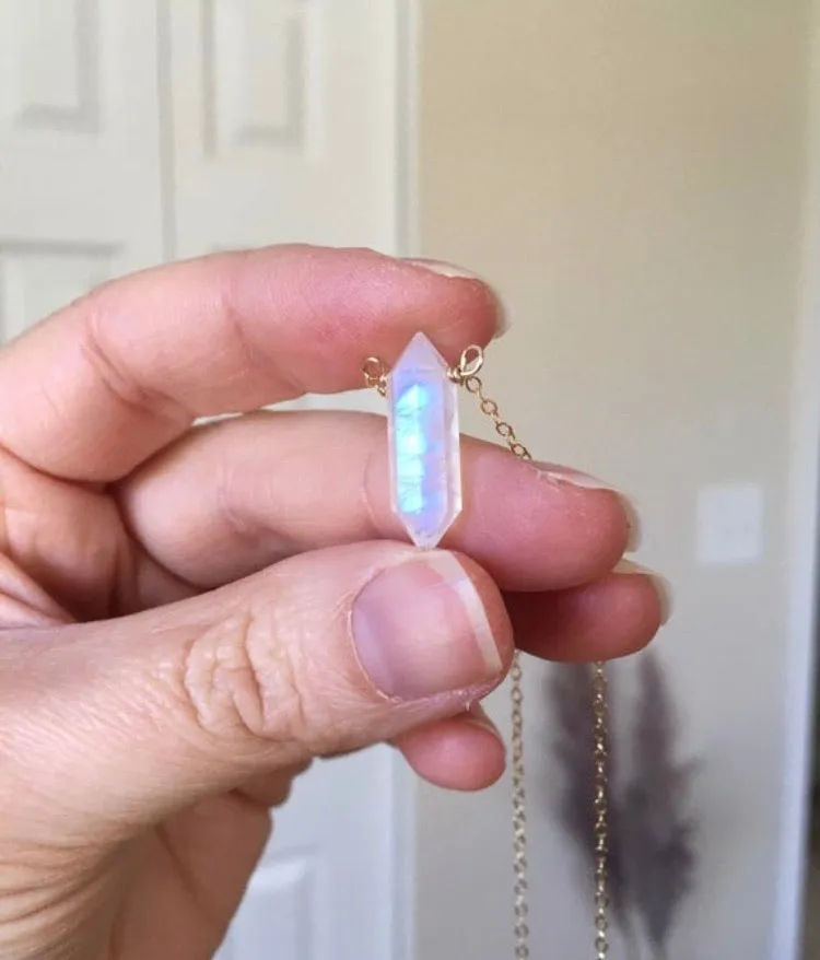 Rainbow Moonstone Crystal Point Healing Necklace