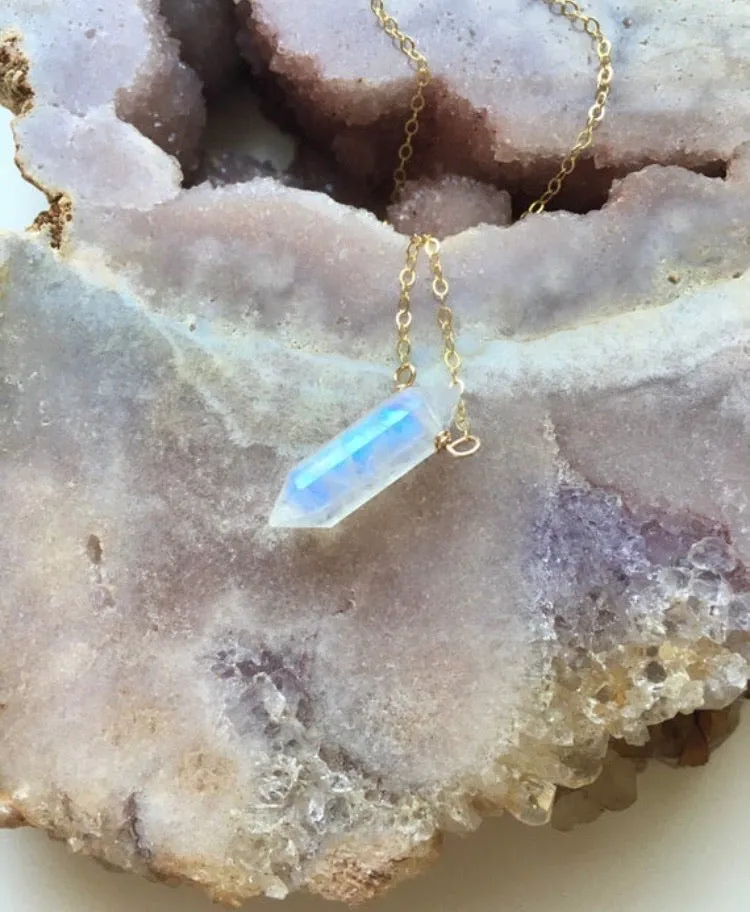 Rainbow Moonstone Crystal Point Healing Necklace