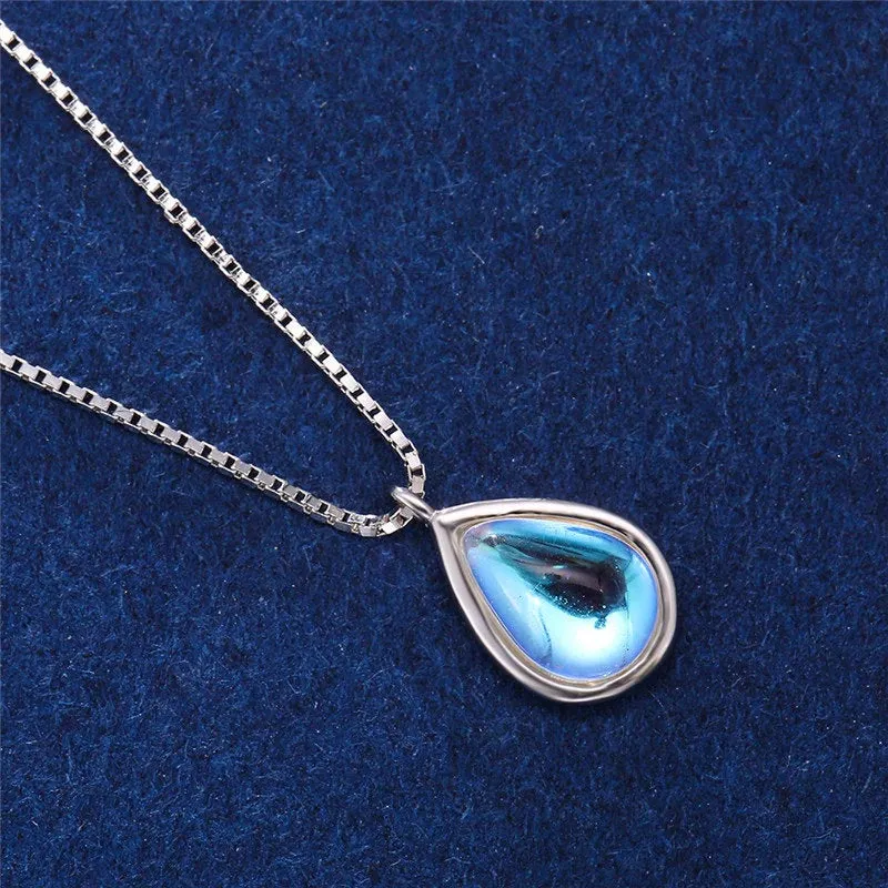 Rainbow Moonstone Necklace - 925 Stainless Steel - June Birthstone - Crystal Gemstone Jewelry - White Blue Tear Drop  Pendant - Gift for Her