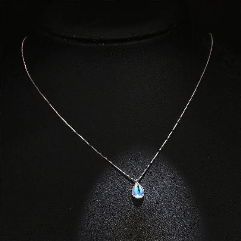 Rainbow Moonstone Necklace - 925 Stainless Steel - June Birthstone - Crystal Gemstone Jewelry - White Blue Tear Drop  Pendant - Gift for Her