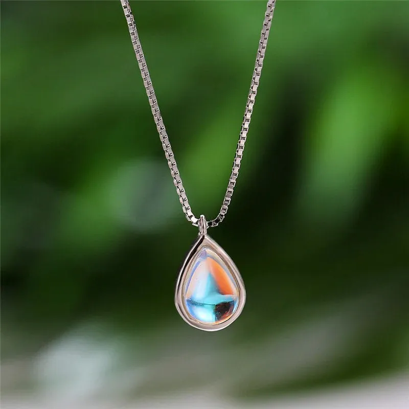 Rainbow Moonstone Necklace - 925 Stainless Steel - June Birthstone - Crystal Gemstone Jewelry - White Blue Tear Drop  Pendant - Gift for Her