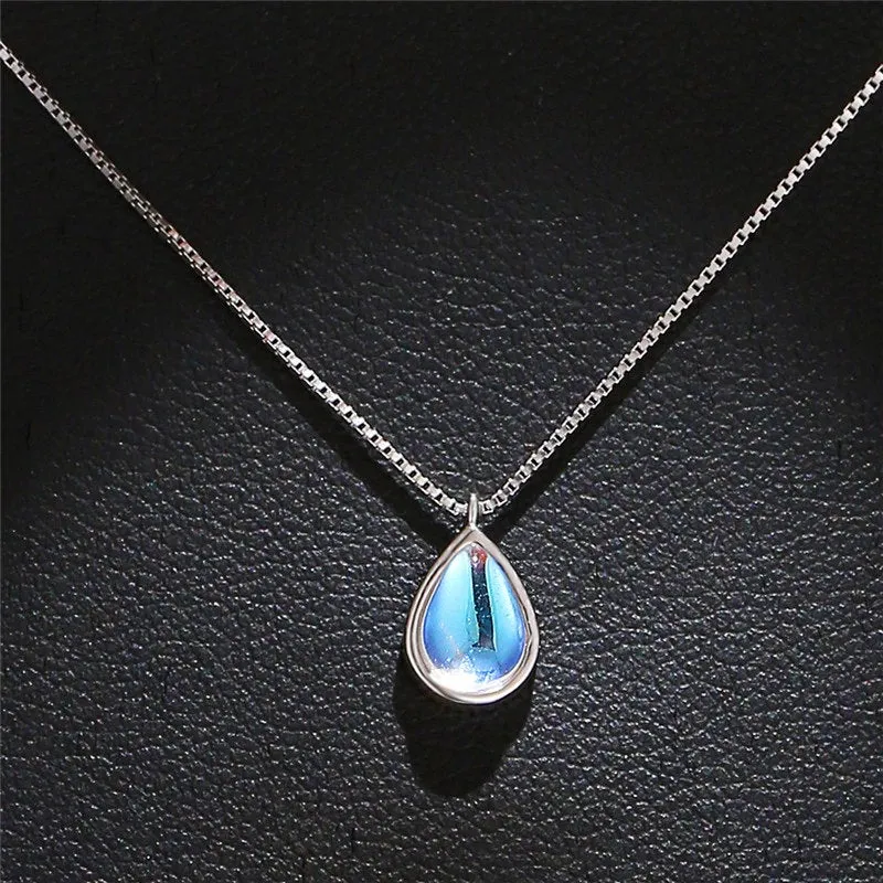 Rainbow Moonstone Necklace - 925 Stainless Steel - June Birthstone - Crystal Gemstone Jewelry - White Blue Tear Drop  Pendant - Gift for Her