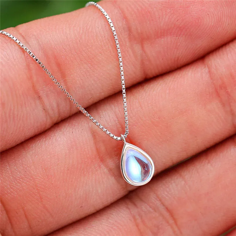 Rainbow Moonstone Necklace - 925 Stainless Steel - June Birthstone - Crystal Gemstone Jewelry - White Blue Tear Drop  Pendant - Gift for Her