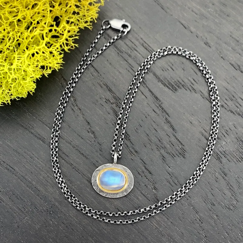 Rainbow Moonstone Pendant Necklace with 14k Yellow Gold and Silver