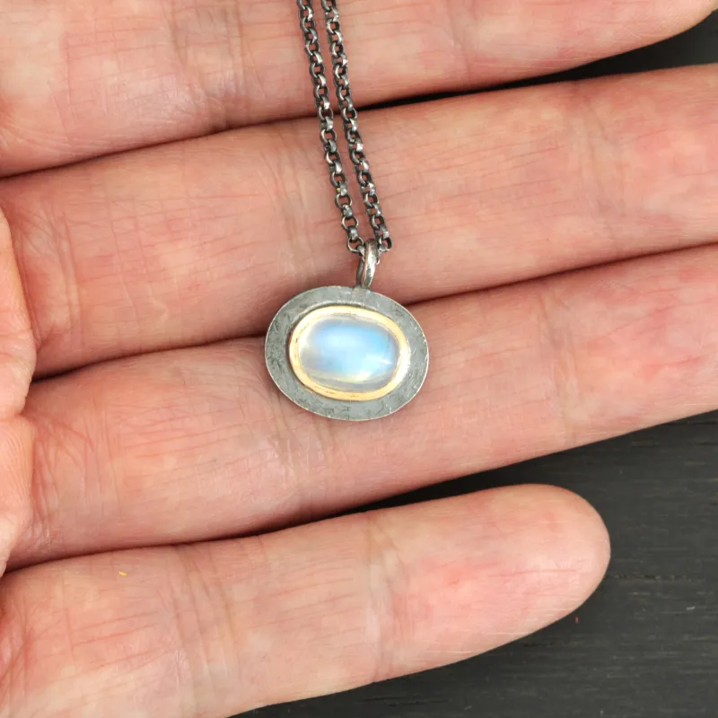 Rainbow Moonstone Pendant Necklace with 14k Yellow Gold and Silver