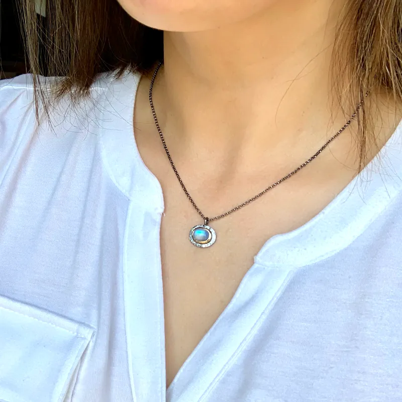 Rainbow Moonstone Pendant Necklace with 14k Yellow Gold and Silver