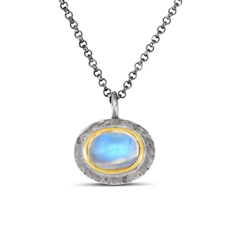 Rainbow Moonstone Pendant Necklace with 14k Yellow Gold and Silver