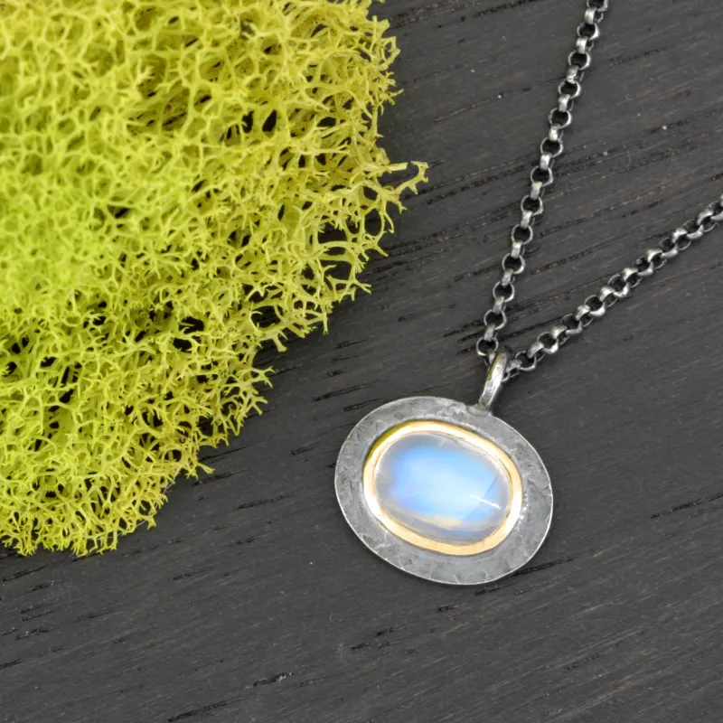 Rainbow Moonstone Pendant Necklace with 14k Yellow Gold and Silver