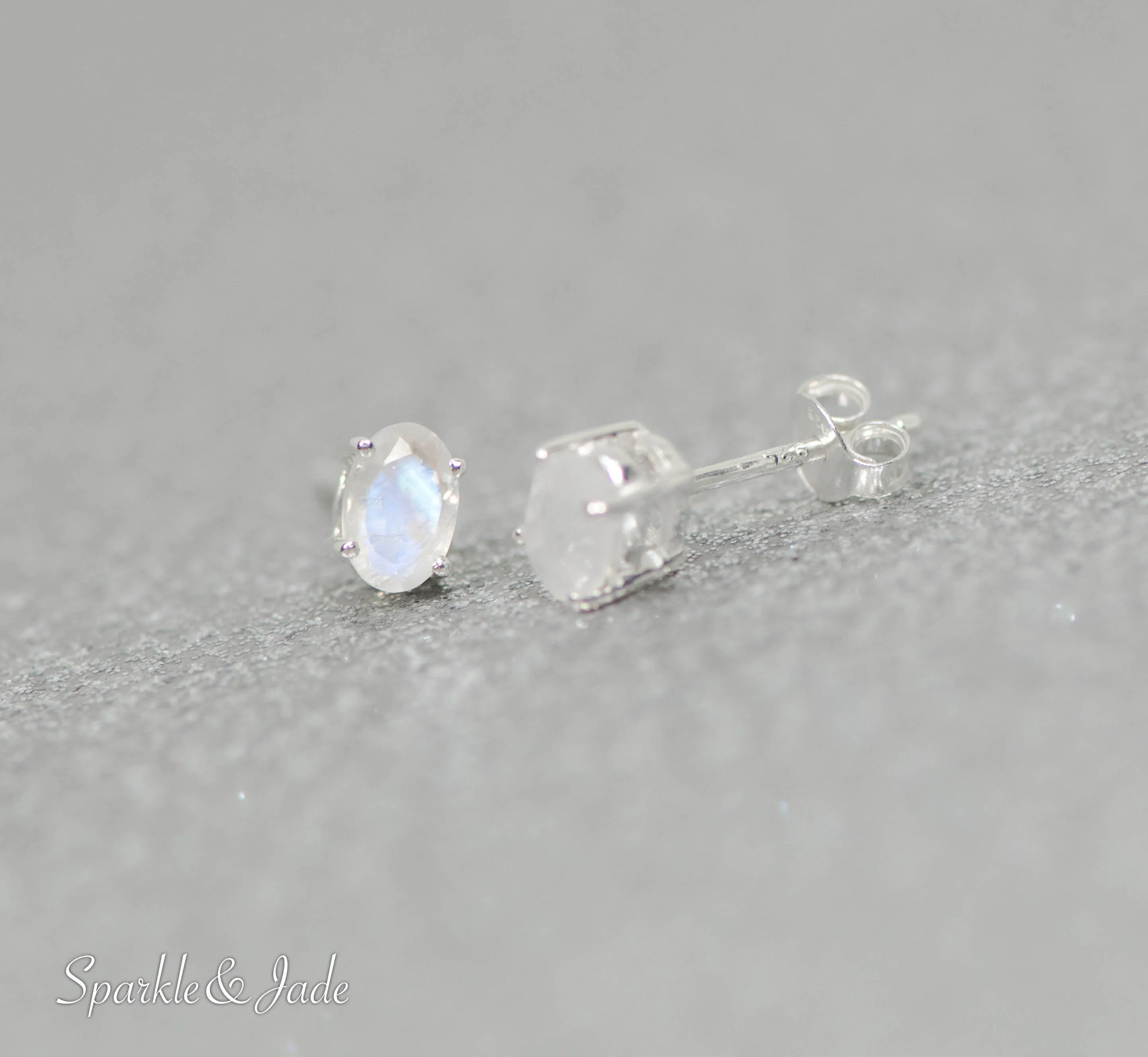 Rainbow Moonstone Sterling Silver 4x6mm Oval Stud Earrings