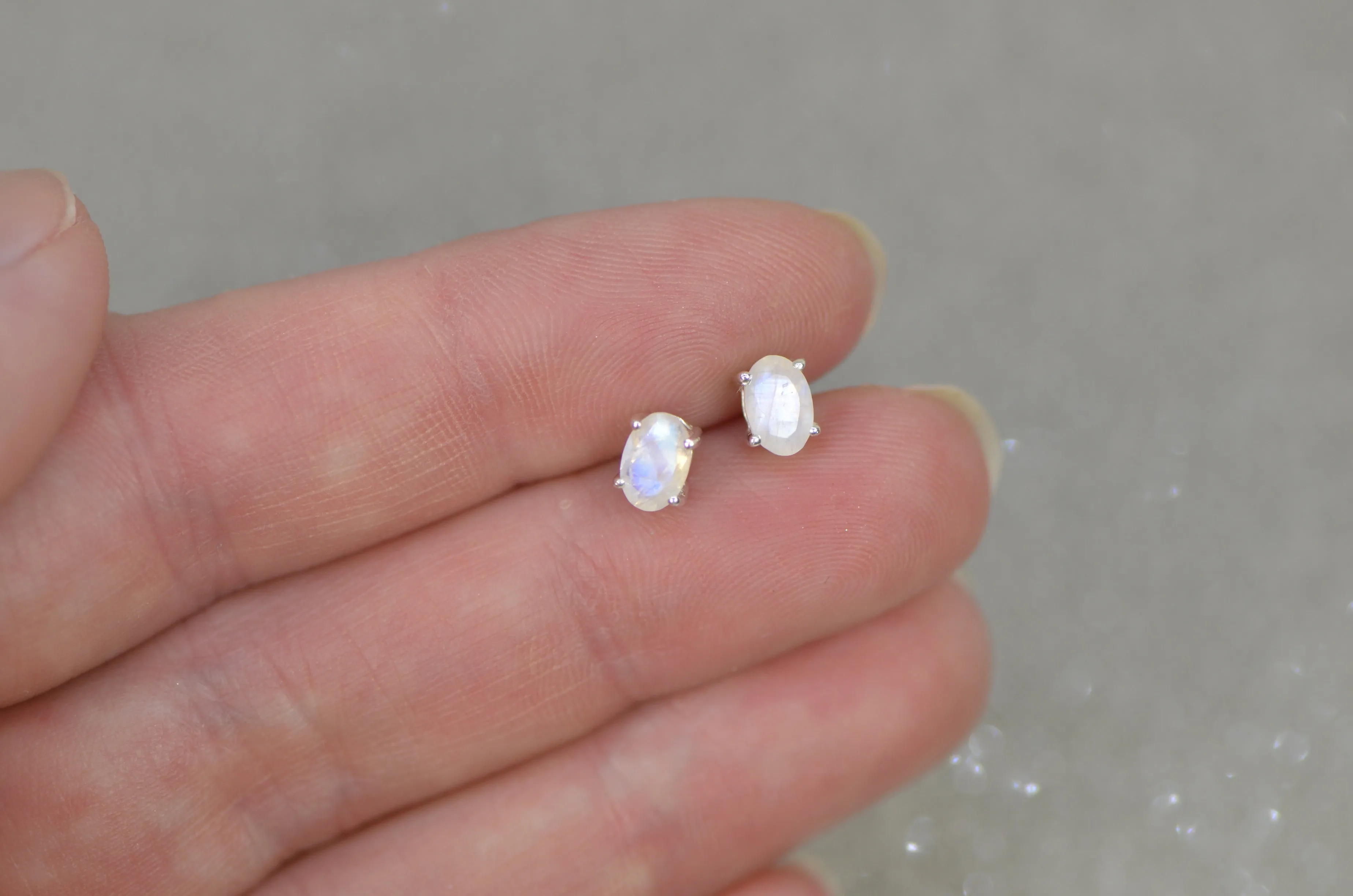 Rainbow Moonstone Sterling Silver 4x6mm Oval Stud Earrings