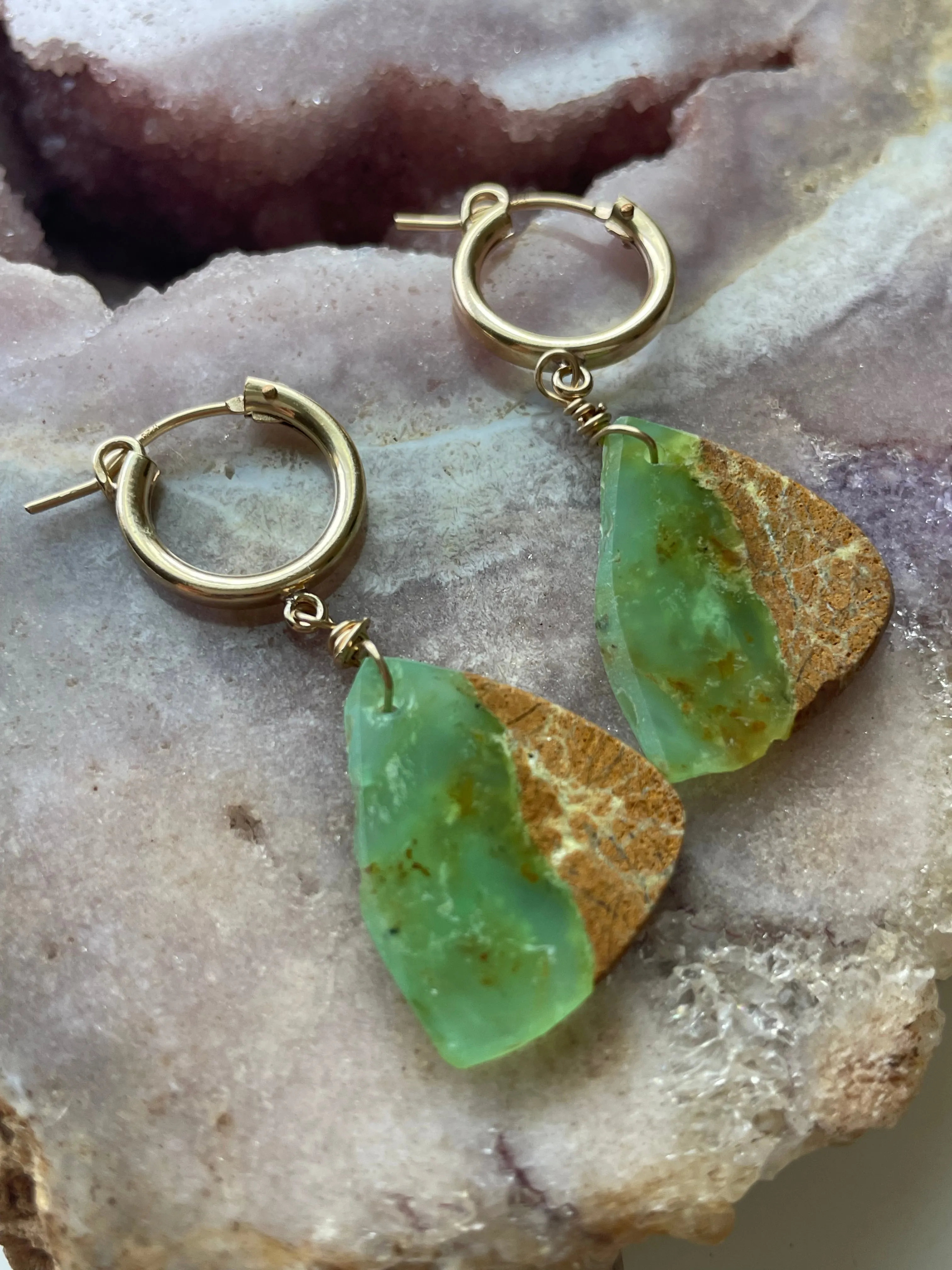 Raw Chrysoprase Slice Hoop Earrings Gold Fill