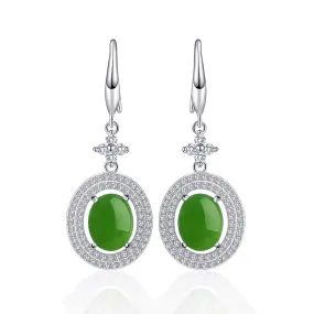 RealJade® "Classic Double Halo" Sterling Silver Genuine Nephrite Green Jade Dangle Earrings