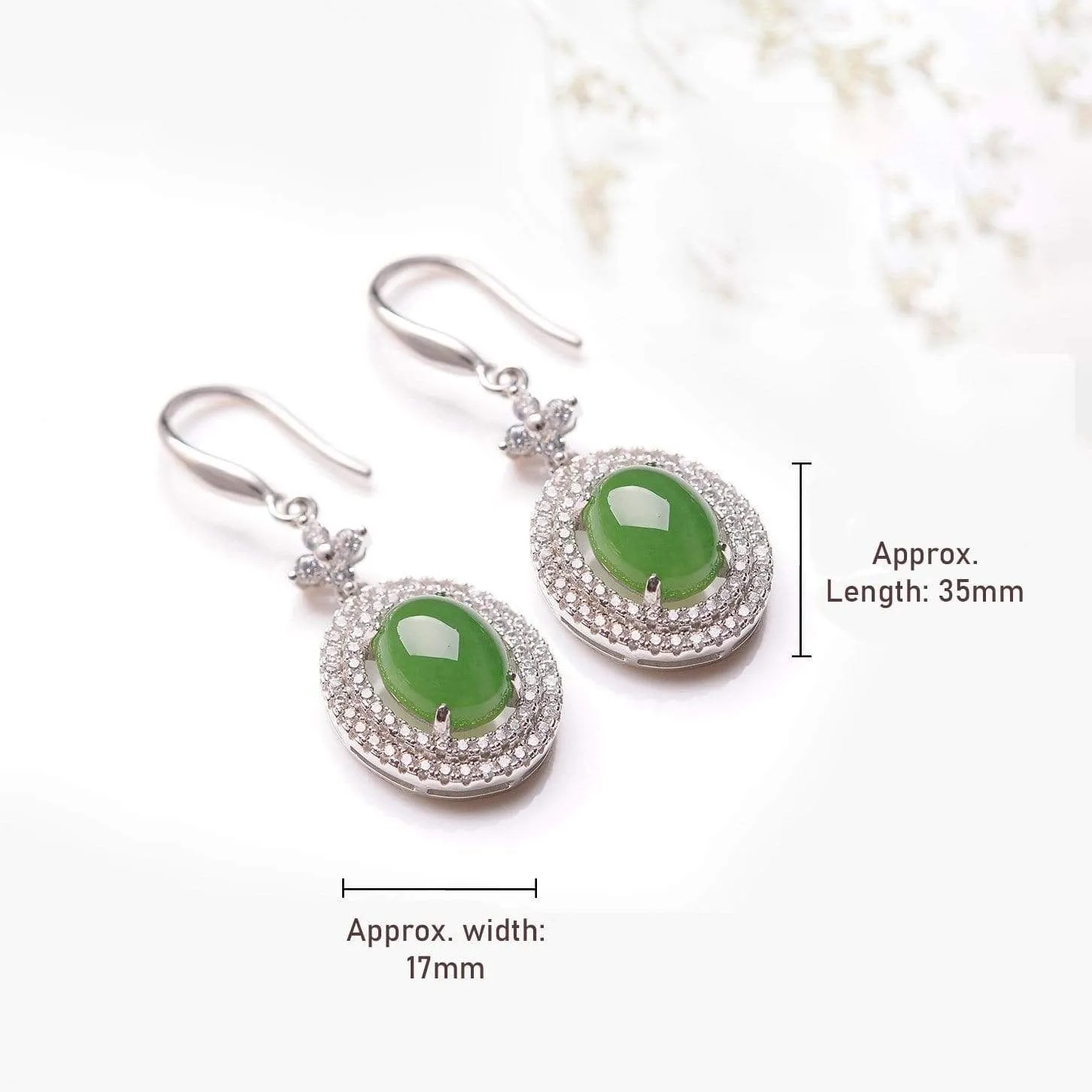 RealJade® "Classic Double Halo" Sterling Silver Genuine Nephrite Green Jade Dangle Earrings