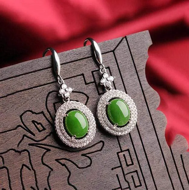 RealJade® "Classic Double Halo" Sterling Silver Genuine Nephrite Green Jade Dangle Earrings