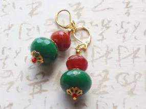 Red Carnelian and Dyed Green Jade Gold Leverback Earring, Krishna Earrings