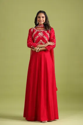 Red Embellished Anarkali Set