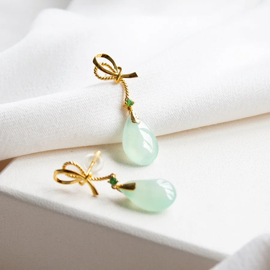 Ribbon with Tsavorite and Jade 18K Gold Earrings