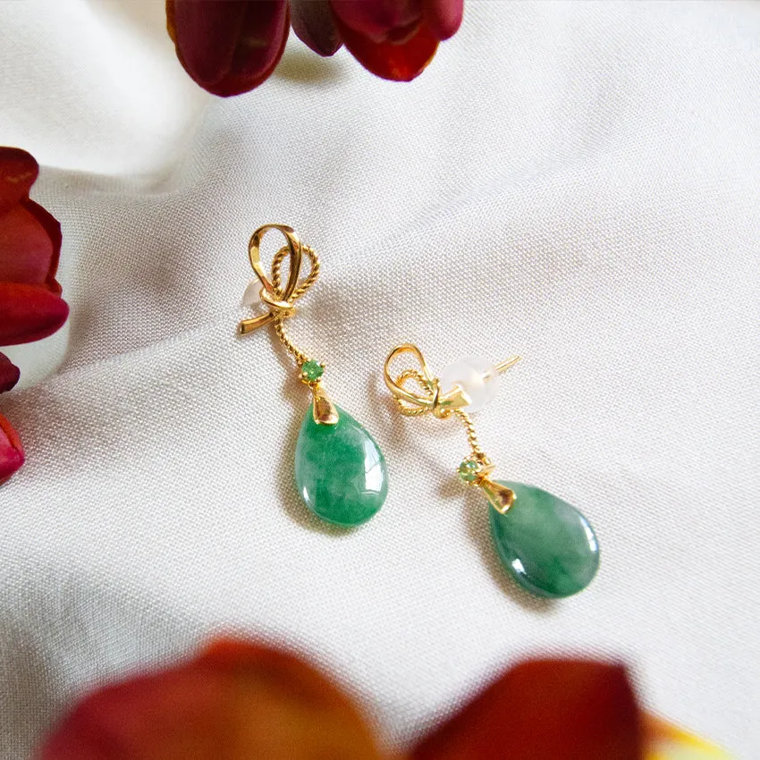 Ribbon with Tsavorite and Jade 18K Gold Earrings