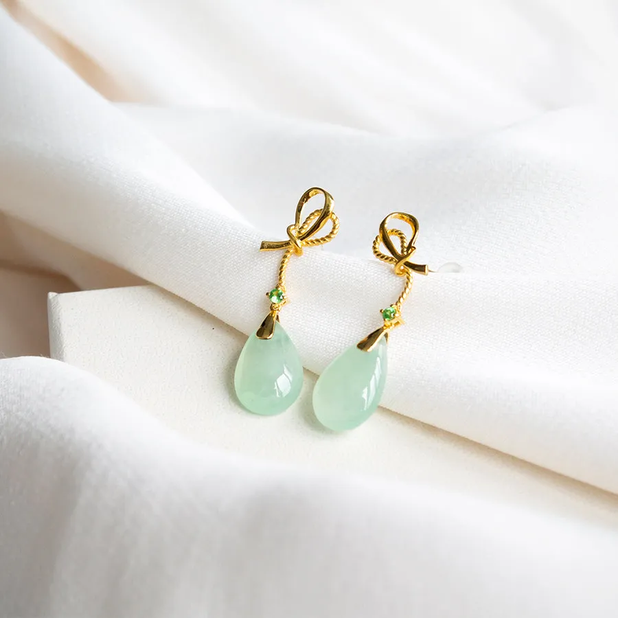 Ribbon with Tsavorite and Jade 18K Gold Earrings