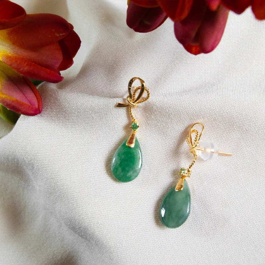 Ribbon with Tsavorite and Jade 18K Gold Earrings