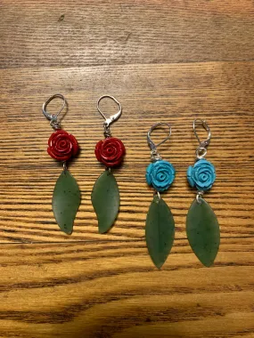 Rose and Jade Leaf Earrings