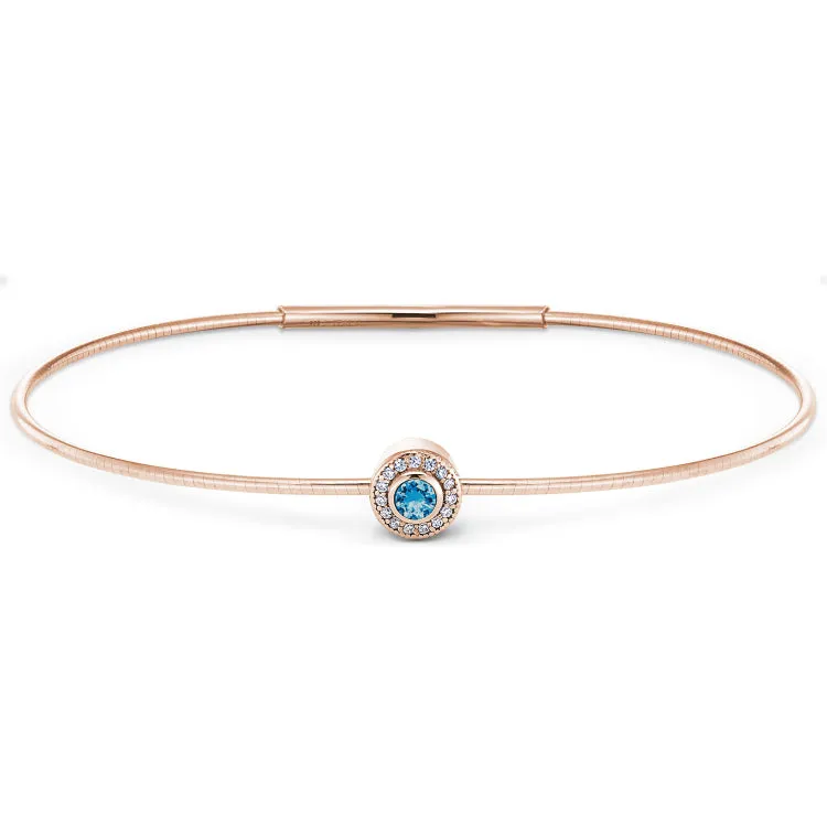 Rose Gold Finish Finish Sterling Silver Round Simulated Blue Topaz Birth Gem Bracelet with Simulated Diamonds