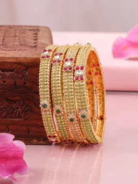 Rubans Set of 4 22K Gold-Plated Bangles with Ruby & Emerald Accents and Kundan Detailing