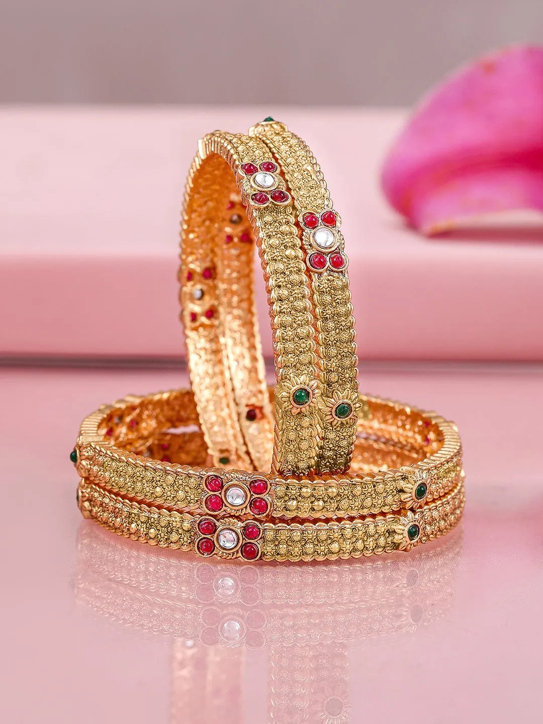 Rubans Set of 4 22K Gold-Plated Bangles with Ruby & Emerald Accents and Kundan Detailing