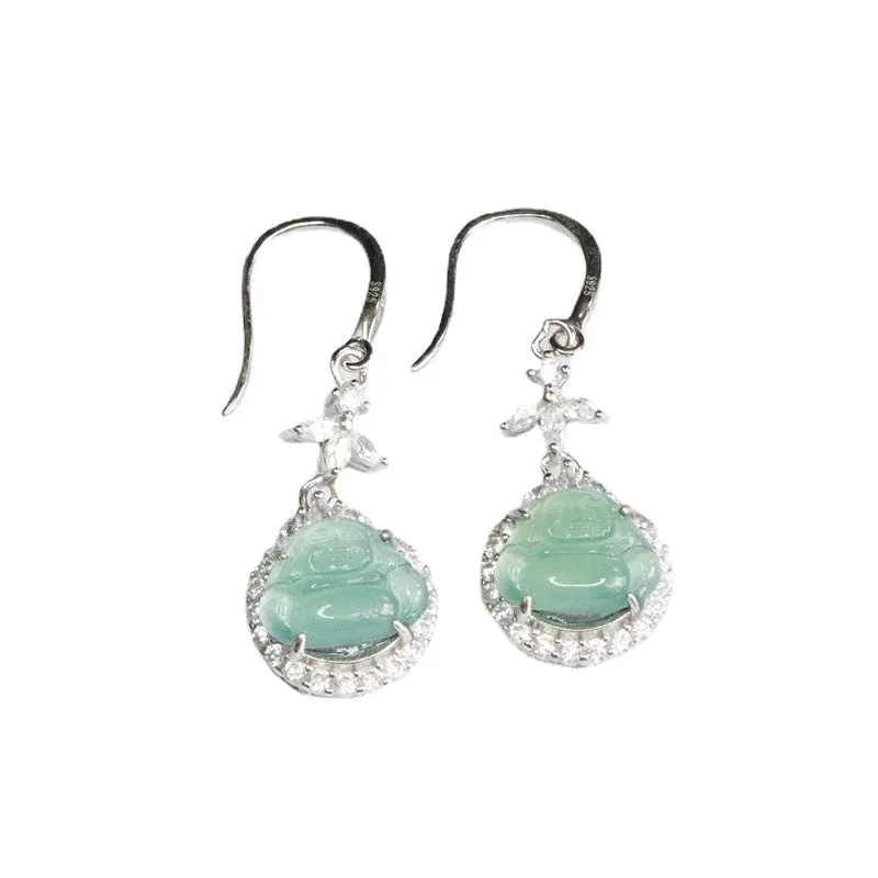 S925 Silver Earrings with Natural Ice Blue Green Jade Buddha Design