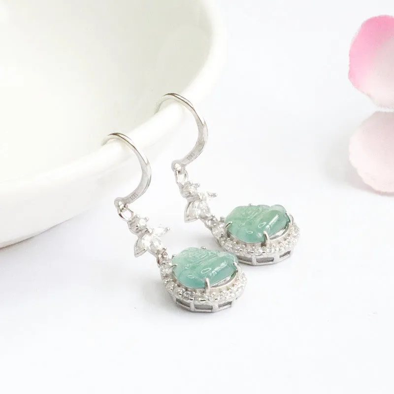 S925 Silver Earrings with Natural Ice Blue Green Jade Buddha Design