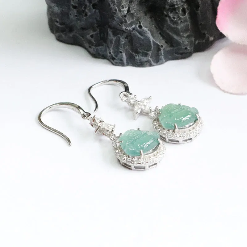 S925 Silver Earrings with Natural Ice Blue Green Jade Buddha Design