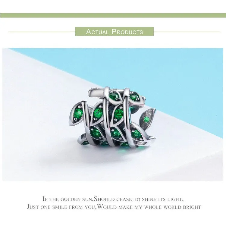 S925 Silver Emerald Green Grass Charm Beads For Bracelet