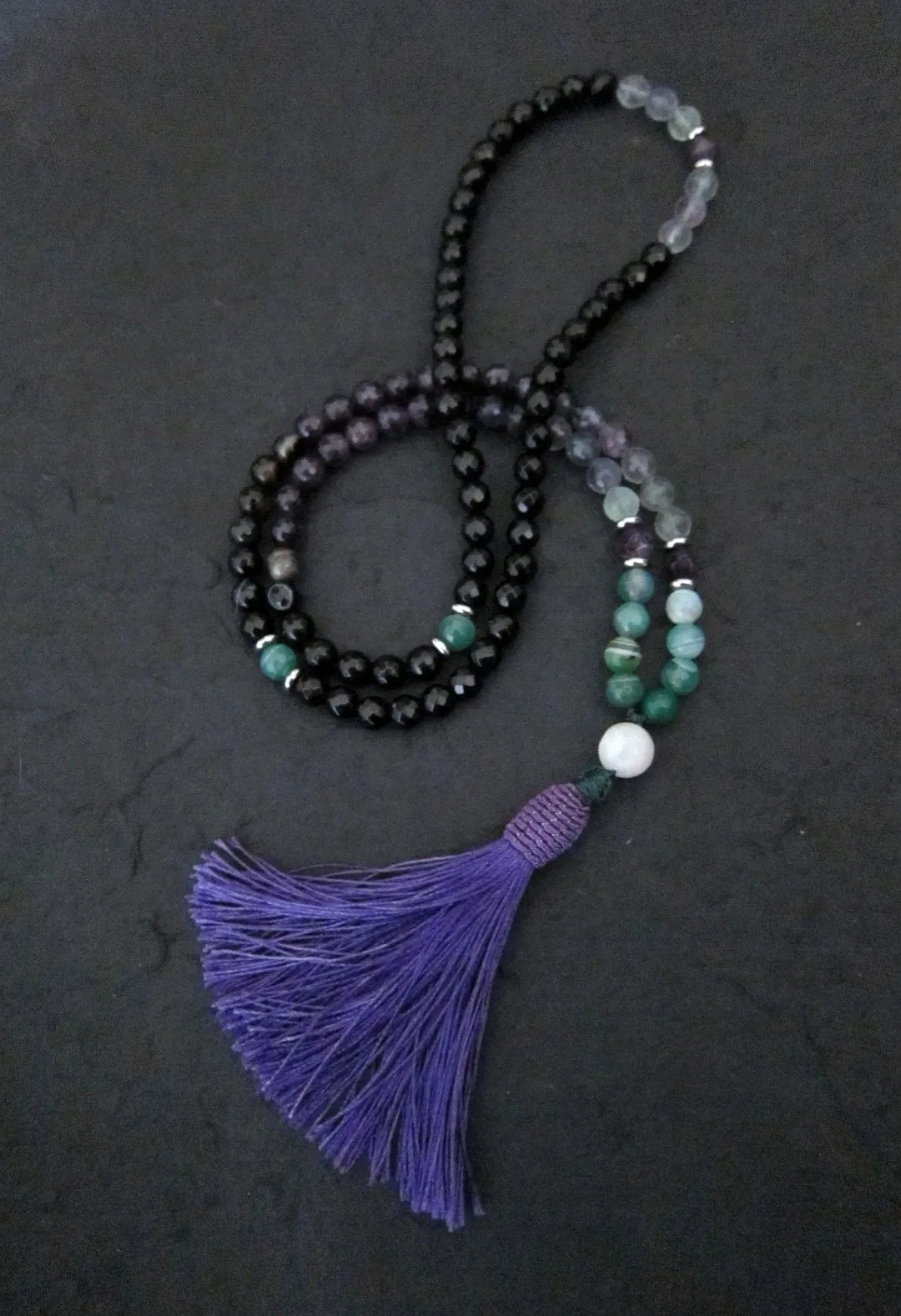 SALE - 108 Beaded Tassel Necklace in Fluorite, Amethyst ~Heart, Throat and Third Eye Chakra Mala