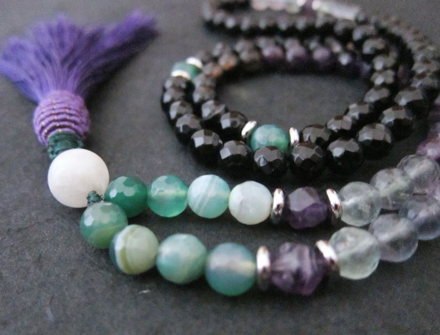 SALE - 108 Beaded Tassel Necklace in Fluorite, Amethyst ~Heart, Throat and Third Eye Chakra Mala