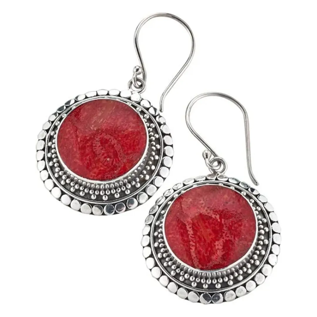 Samuel B. Sterling Silver Round Coral Drop Earrings (96585)