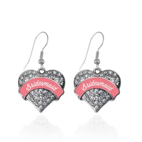 Silver Coral Bridesmaid Pave Heart Charm Dangle Earrings