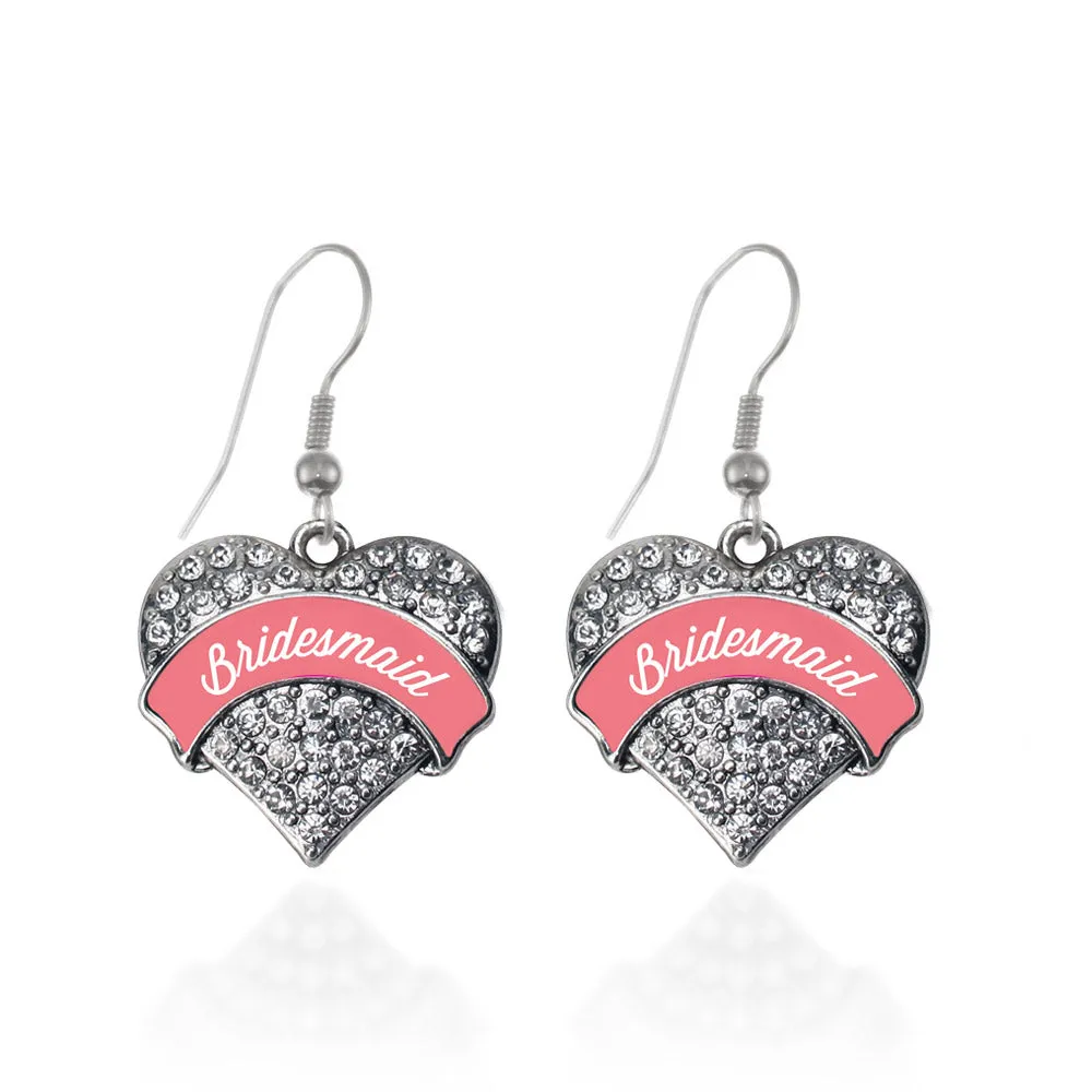 Silver Coral Bridesmaid Pave Heart Charm Dangle Earrings