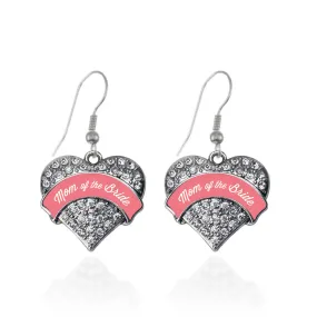 Silver Coral Mom of Bride Pave Heart Charm Dangle Earrings