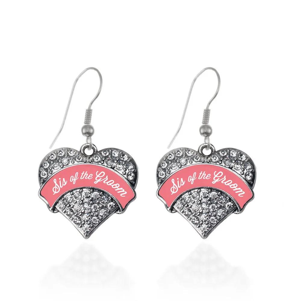 Silver Coral Sis of Groom Pave Heart Charm Dangle Earrings