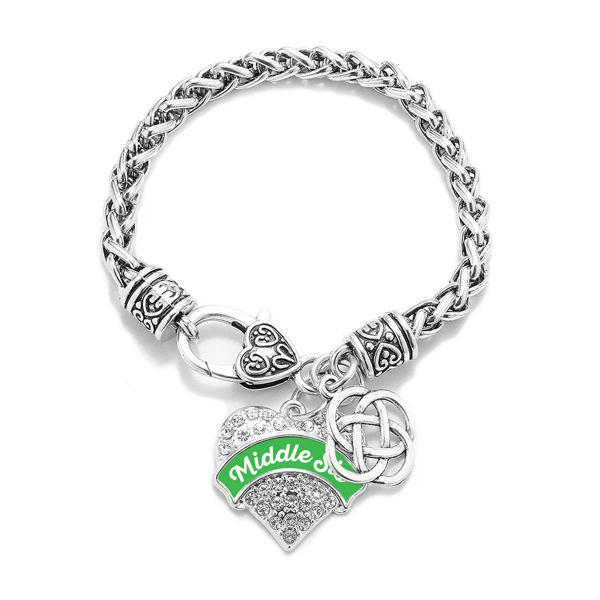 Silver Emerald Green Middle Sis Celtic Knot Pave Heart Charm Braided Bracelet