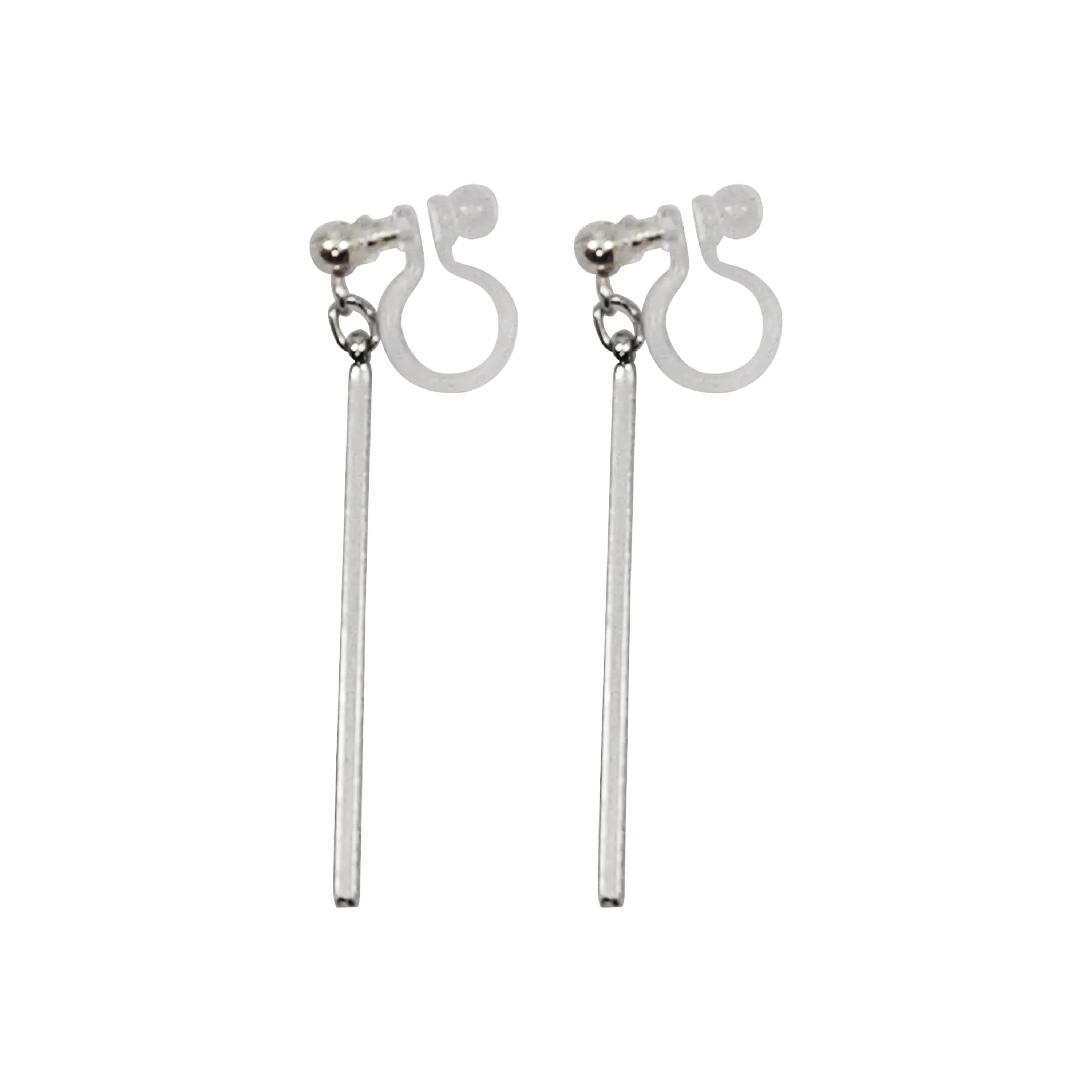 Silver Long Bar Invisible Clip On Earrings