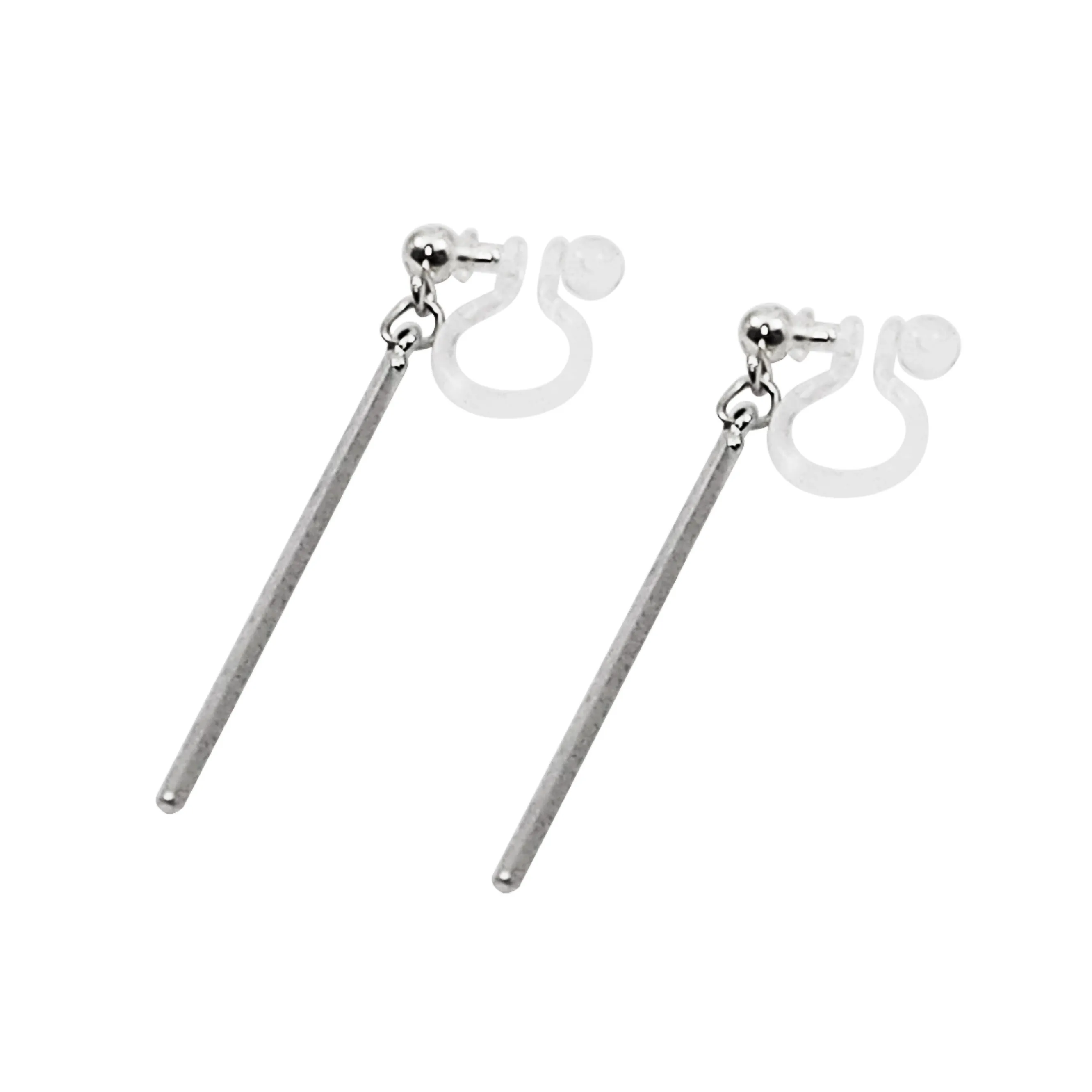 Silver Long Bar Invisible Clip On Earrings