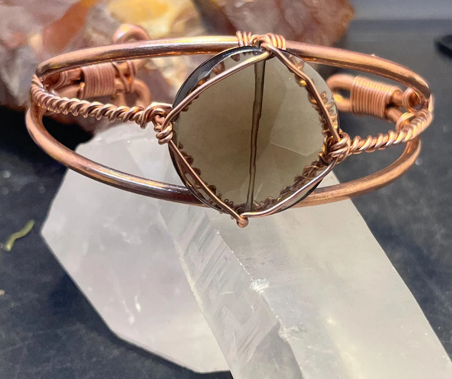 Smoky Quartz Crystal Copper Bracelet Wire wrapped Handmade