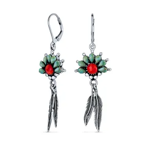 Southwest Native Style Turquoise Coral Feather Dangle Gemstone Earrings  Silver